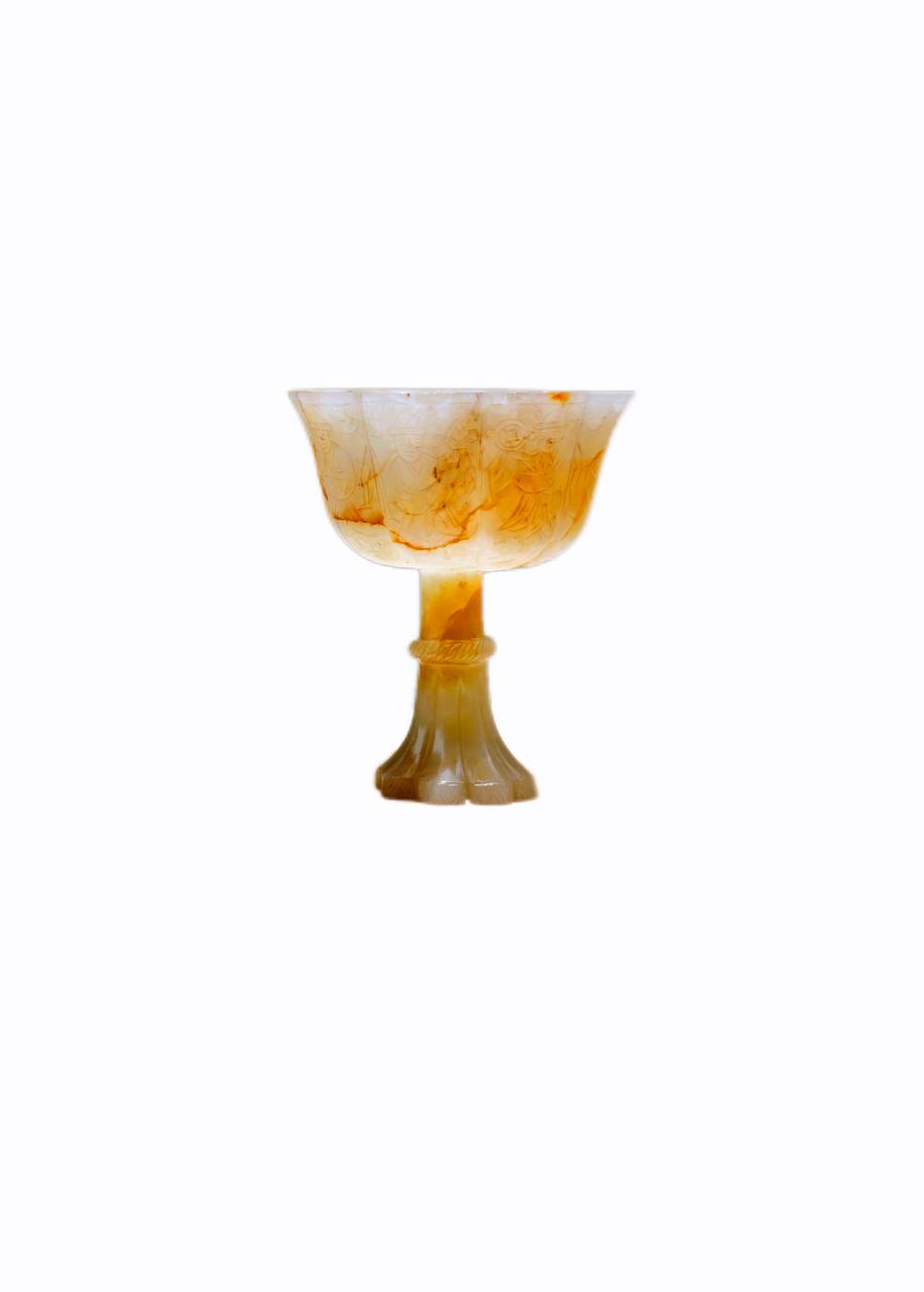 明代玉器人物花口高足杯